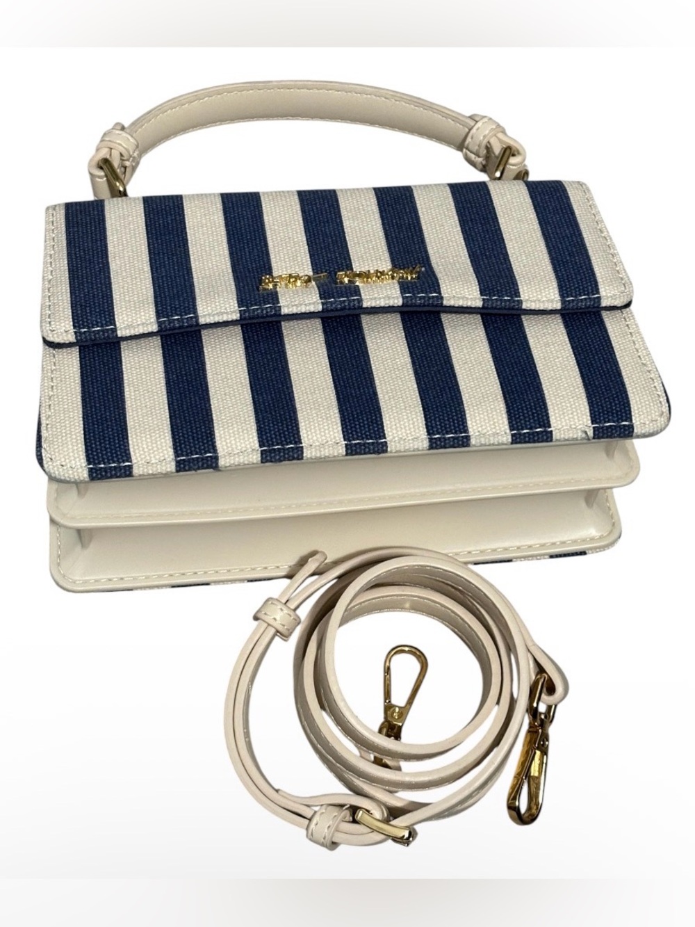 Betsey Johnson Blue White Striped Small Satchel Crossbody Detach Strap - Picture 5 of 9